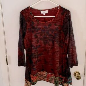 Palila wine and black lacy lined sweater with multicolored border at bottom